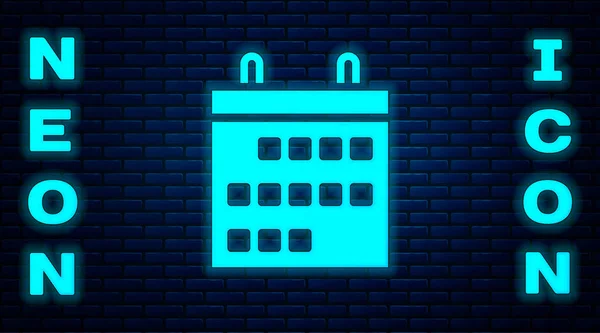 Icono Brillante Calendario Neón Aislado Fondo Pared Ladrillo Evento Símbolo — Vector de stock