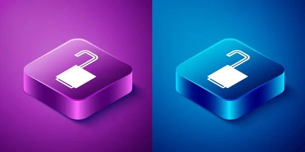 Isométrique Icône Ouverte Cadenas Isolé Sur Fond Bleu Violet Panneau — Image vectorielle