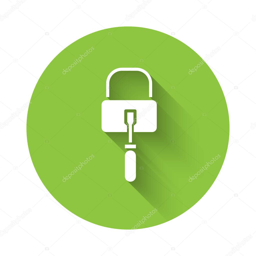 White Lockpicks or lock picks for lock picking icon isolated with long shadow. Green circle button. Vector Illustration