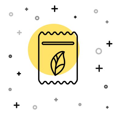 Beyaz arka planda izole edilmiş özel bir bitki simgesinin tohumlarıyla dolu siyah çizgi paketi. Rastgele dinamik şekiller. Vektör İllüstrasyonu