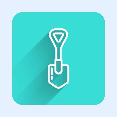 Beyaz çizgi kürek ikonu uzun gölgeli izole edilmiş. Bahçe aletleri. Bahçecilik, tarım, çiftçilik aleti. Yeşil kare düğmesi. Vektör İllüstrasyonu