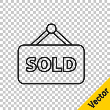 Saydam arkaplanda izole edilmiş metin simgesi satılan siyah satır asma işareti. Çıkartma satıldı. Tabela satıldı. Vektör İllüstrasyonu