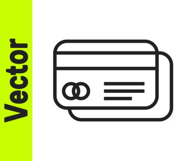 Siyah çizgi kredi kartı simgesi beyaz arkaplanda izole edildi. Çevrimiçi ödeme. Nakit çekilmesi. Finansal operasyonlar. Alışveriş tabelası. Vektör İllüstrasyonu