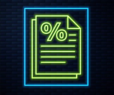 Parlayan neon hattı Finans belgesi simgesi tuğla duvar arka planında izole edildi. Fatura ya da fatura konsepti için kağıt banka belgesi. Vektör İllüstrasyonu