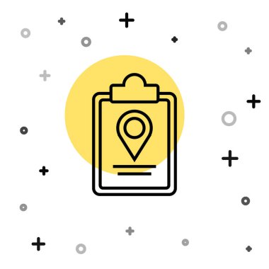 Siyah çizgi haritası beyaz arkaplanda izole edilmiş konum simgesi simgesi ile birlikte. Rastgele dinamik şekiller. Vektör İllüstrasyonu