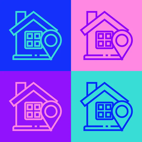 Pop Art Line Ukazatel Mapy Ikonou Domu Izolované Barevném Pozadí — Stockový vektor