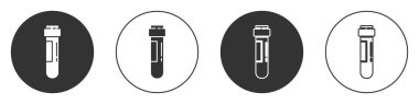 Beyaz zemin üzerinde kan ikonu olan siyah test tüpü ya da matara. Laboratuvar, kimyasal, bilimsel cam levha. Çember düğmesi. Vektör İllüstrasyonu