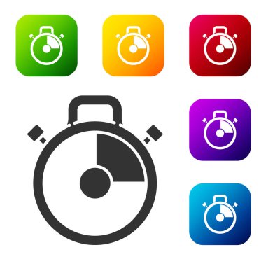 Siyah Kronometre simgesi beyaz arkaplanda izole edildi. Zaman göstergesi. Kronometre işareti. Renkli kare düğmelerle simgeleri ayarla. Vektör İllüstrasyonu