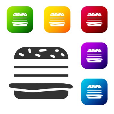 Siyah Burger simgesi beyaz arkaplanda izole edilmiş. Hamburger ikonu. Çizburger sandviç tabelası. Fast food menüsü. Renkli kare düğmelerle simgeleri ayarla. Vektör İllüstrasyonu
