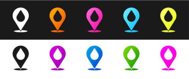 Siyah ve beyaz arkaplanda izole edilmiş konum simgesiyle su damlasını ayarla. Vektör İllüstrasyonu