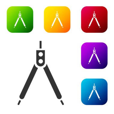 Siyah Çizim pusula simgesi beyaz arkaplanda izole edildi. Pusula işareti. Çizim ve eğitim araçları. Geometrik alet. Renkli kare düğmelerle simgeleri ayarla. Vektör İllüstrasyonu