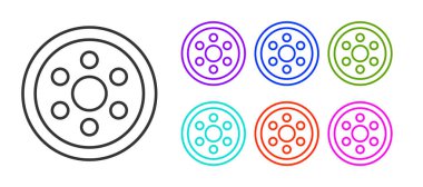 Beyaz arka planda izole edilmiş bir araba simgesi için siyah çizgi tekerleği. Simgeleri renklendirin. Vektör İllüstrasyonu