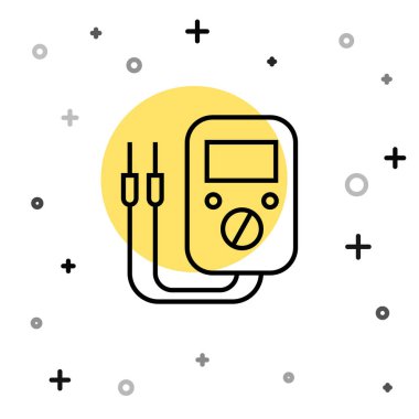 Siyah çizgi Ampere ölçer, multimetre, voltmetre simgesi beyaz arkaplanda izole edilmiş. Elektrik akımını ölçmek için araçlar. Rastgele dinamik şekiller. Vektör İllüstrasyonu