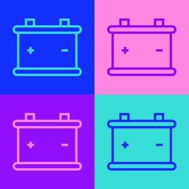 Pop sanat eseri araba aküsü ikonu renk arkaplanında izole edildi. Akümülatör bataryası enerji ve elektrik akümülatörü bataryası. Vektör İllüstrasyonu