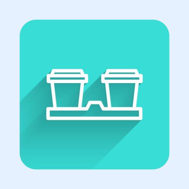 Beyaz çizgi kahve fincanı uzun gölgeli bir ikona dönüşecek. Yeşil kare düğmesi. Vektör İllüstrasyonu