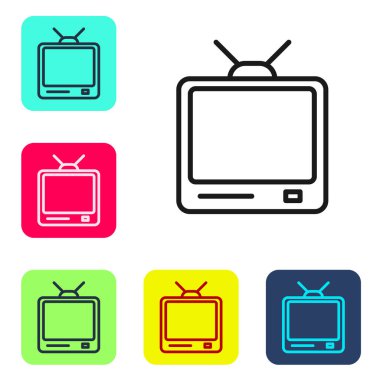 Siyah çizgi Retro TV simgesi beyaz arkaplanda izole edildi. Televizyon tabelası. Renkli kare düğmelerle simgeleri ayarla. Vektör İllüstrasyonu