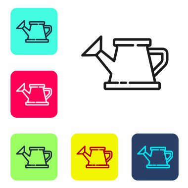 Siyah çizgi Su Kutusu simgesi beyaz arkaplanda izole edildi. Sulama sembolü. Renkli kare düğmelerle simgeleri ayarla. Vektör İllüstrasyonu