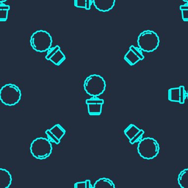 Saksı simgesinde yeşil çizgi bitkisi mavi arka planda izole edilmiş pürüzsüz desen. Tencerede yetişen bir bitki. Saksı bitkisi işareti. Vektör İllüstrasyonu