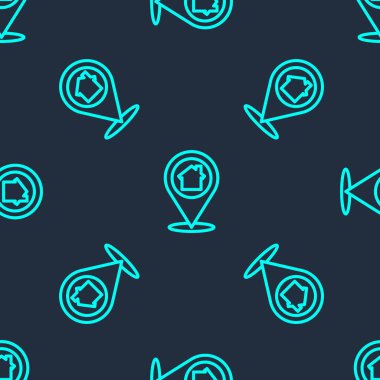 Yeşil çizgi harita işaretçisi mavi arkaplanda izole edilmiş ev simgesi. Ev konumu belirleyici sembol. Vektör İllüstrasyonu