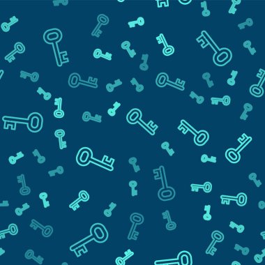 Yeşil çizgi ev anahtar simgesi mavi arka planda kusursuz desen izole etti. Vektör İllüstrasyonu