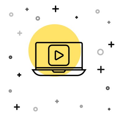 Siyah çizgi çevrimiçi video simgesi beyaz arkaplanda izole edildi. Dizüstü bilgisayar ve oyun işaretli film şeridi. Rastgele dinamik şekiller. Vektör İllüstrasyonu