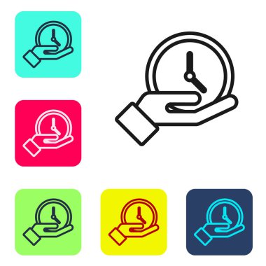 Siyah çizgi saat simgesi beyaz arkaplanda izole edildi. Zaman sembolü. Renkli kare düğmelerle simgeleri ayarla. Vektör İllüstrasyonu