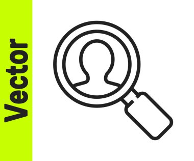 Beyaz arka planda izole edilmiş bir insan simgesini aramak için siyah çizgi büyüteç. İşe alma ya da seçme. Çalışanları ve işi ara. Vektör İllüstrasyonu