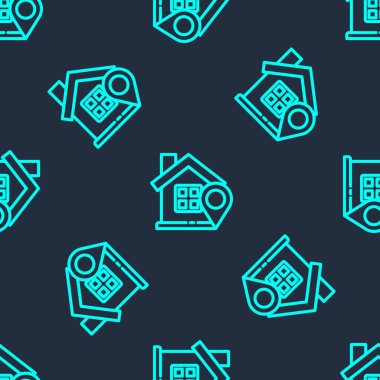 Yeşil çizgi harita işaretçisi mavi arkaplanda izole edilmiş ev simgesi. Ev konumu belirleyici sembol. Vektör İllüstrasyonu