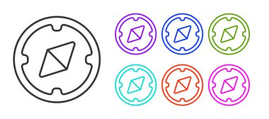 Siyah çizgi pusula simgesi beyaz arkaplanda izole edildi. Rüzgâr yön bulma sembolü. Rüzgar gül işareti. Simgeleri renklendirin. Vektör İllüstrasyonu