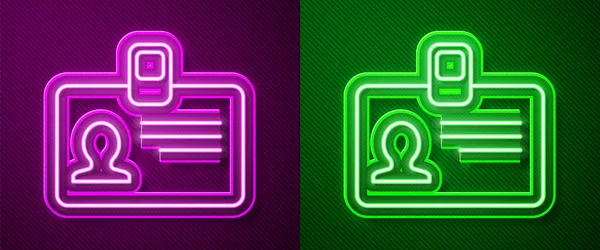 Świecący Neon Linii Identyfikacja Ikona Odznaki Izolowane Fioletowym Zielonym Tle — Wektor stockowy