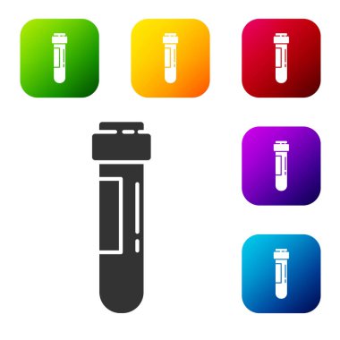 Beyaz zemin üzerinde kan ikonu olan siyah test tüpü ya da matara. Laboratuvar, kimyasal, bilimsel cam levha. Renkli kare düğmelerle simgeleri ayarla. Vektör İllüstrasyonu