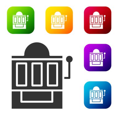 Siyah Slot makinesi simgesi beyaz arkaplanda izole edildi. Renkli kare düğmelerle simgeleri ayarla. Vektör İllüstrasyonu