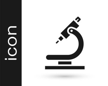 Beyaz arka planda gri mikroskop simgesi izole edildi. Kimya, ilaç aleti, mikrobiyoloji büyütme aracı. Vektör İllüstrasyonu