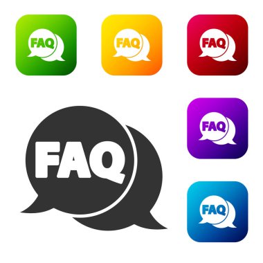 Beyaz arkaplanda SSS bilgi simgesine sahip siyah konuşma balonu izole edildi. SSS yazılı daire düğmesi. Renkli kare düğmelerle simgeleri ayarla. Vektör İllüstrasyonu