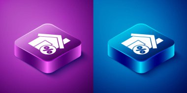 Mavi ve mor arka planda izole edilmiş indirimli etiket simgesine sahip Isometric House. Evin yüzdesi tabela fiyatı. Emlak evi. Kare düğmesi. Vektör İllüstrasyonu