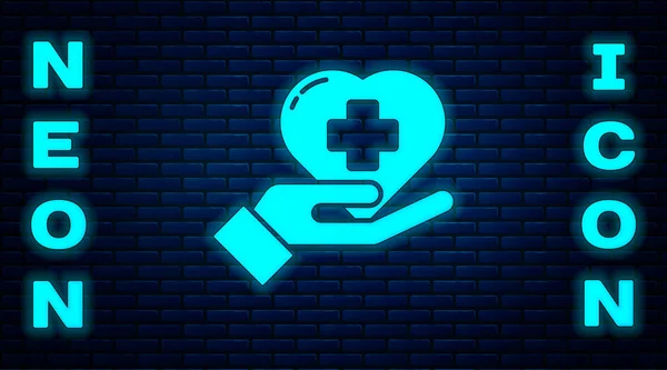 Corazón Neón Brillante Con Icono Cruz Aislado Fondo Pared Ladrillo — Vector de stock