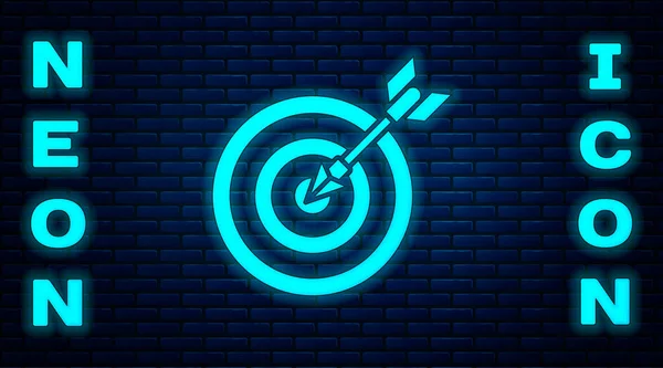 Glowing Neon Target Arrow Icon Isolated Brick Wall Background Dart — Stock Vector