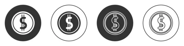 白い背景に隔離されたドル記号のアイコンを持つブラックコインのお金 銀行の通貨記号 現金記号 丸ボタン ベクターイラスト — ストックベクタ