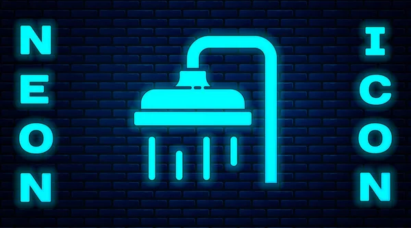 Glowing Neon Shower Head Water Drops Flowing Icon Isolated Brick — Stock Vector