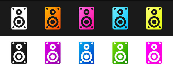 Set Stereo speaker icon isolated on black and white background. Sound system speakers. Music icon. Musical column speaker bass equipment. Vector Illustration
