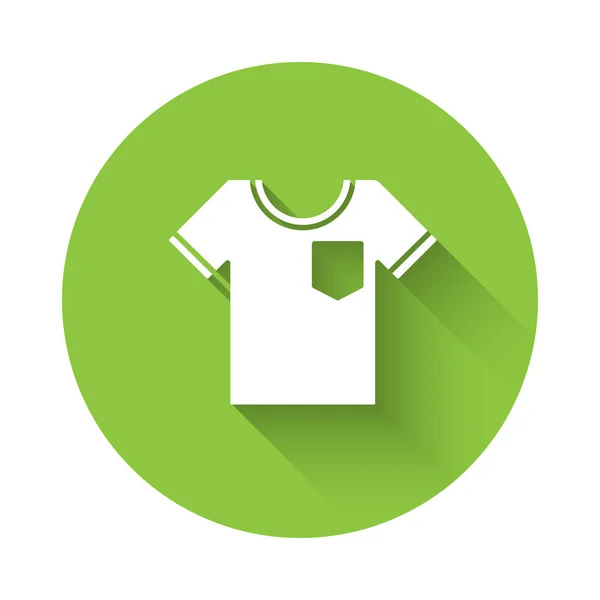 Icona Shirt Bianca Isolata Con Lunga Ombra Pulsante Cerchio Verde — Vettoriale Stock