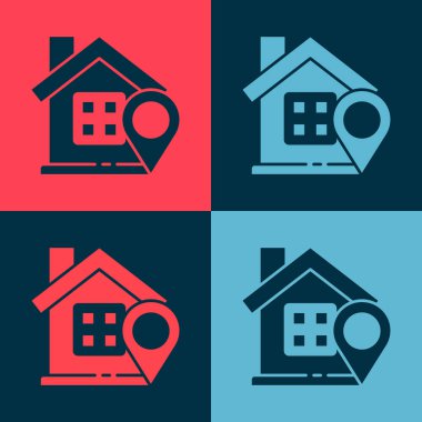 Renk arkaplanında ev simgesi olan pop sanat haritası işaretçisi. Ev konumu belirleyici sembol. Vektör İllüstrasyonu