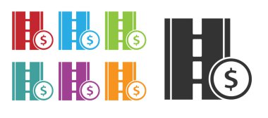 Black Toll trafik levhası. Beyaz arkaplanda sinyal simgesi izole edildi. İşaretçi sembolü. Sokak bilgi tabelası. Yön tabelası. Simgeleri renklendirin. Vektör İllüstrasyonu