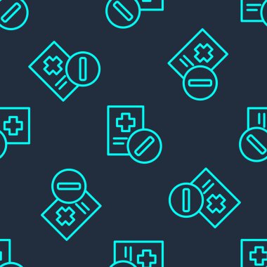 Yeşil çizgi tıbbi reçete ikonu mavi arka planda izole edilmiş kusursuz desen. RX formu. Yemek tarifi. Eczane ya da ilaç sembolü. Vektör İllüstrasyonu