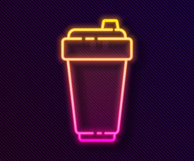 Parlayan neon hattı fitness karıştırıcı simgesi siyah arkaplanda izole edildi. Su ve protein kokteylleri için kapaklı spor karıştırıcı şişesi. Vektör İllüstrasyonu