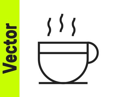 Siyah çizgi kahve fincanı simgesi beyaz arkaplanda izole edilmiş. Çay fincanı. Sıcak içecek kahvesi. Vektör İllüstrasyonu