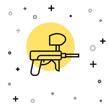 Beyaz arka planda siyah çizgi boyalı tabanca ikonu izole edildi. Rastgele dinamik şekiller. Vektör İllüstrasyonu