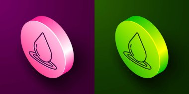 Mor ve yeşil arkaplanda izole edilmiş Isome hattı su damlası simgesi. Çember düğmesi. Vektör İllüstrasyonu