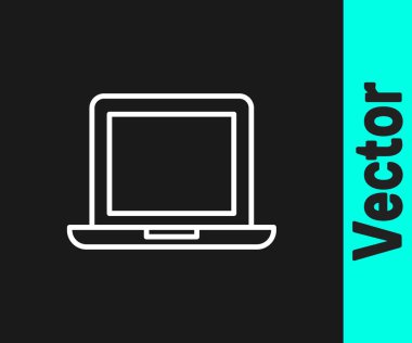 Beyaz çizgi dizüstü bilgisayar simgesi siyah arkaplanda izole edildi. Boş ekran işaretli bilgisayar defteri. Vektör İllüstrasyonu