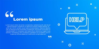 Beyaz çizgi dizüstü bilgisayar ve mavi arkaplanda ikon izole edilmesine yardım et. Ayarlama, servis, ayar, bakım, onarım, onarım. Vektör İllüstrasyonu